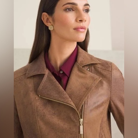 Chicos Brown Zippered Pocketed Faux Leather Suede Lined Motorcycle Jacket 4 6 - Picture 5 of 12